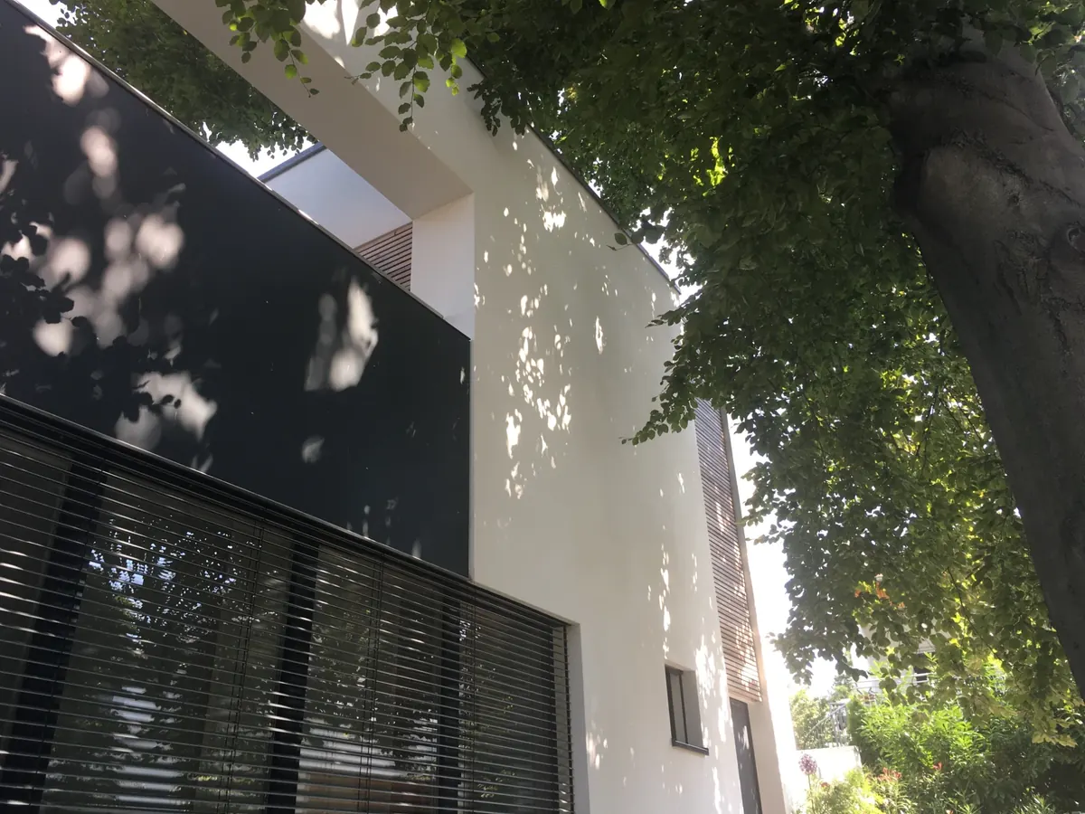 Weiße Hausfassade mit dunklen Lamellen im Schatten einer alten Rotbuche