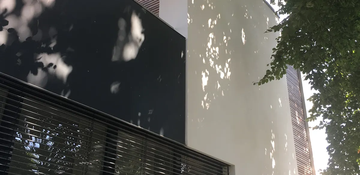 Weiße Hausfassade mit dunklen Lamellen im Schatten eines alten Baumes